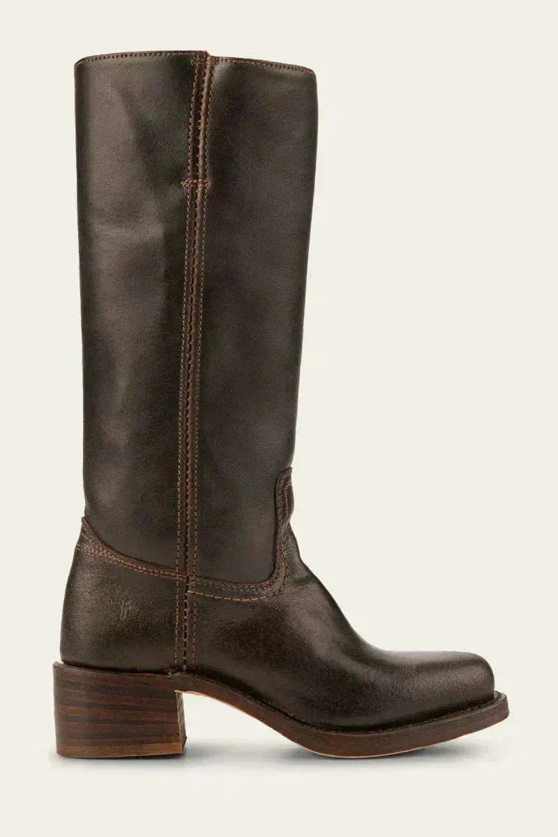 Pair of tan brown leather knee-high boots viewed from behind showing the back seam detail