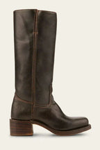 Pair of tan brown leather knee-high boots viewed from behind showing the back seam detail
