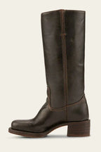 Single dark brown leather knee-high boot photographed straight on against a neutral backdrop