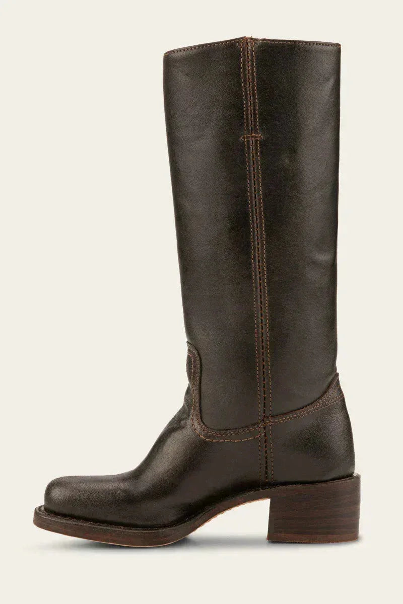 Single dark brown leather knee-high boot photographed straight on against a neutral backdrop