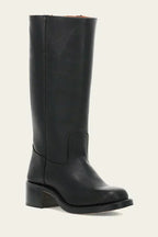 Close-up of the rounded toe and top-stitching detail on a black leather boot
