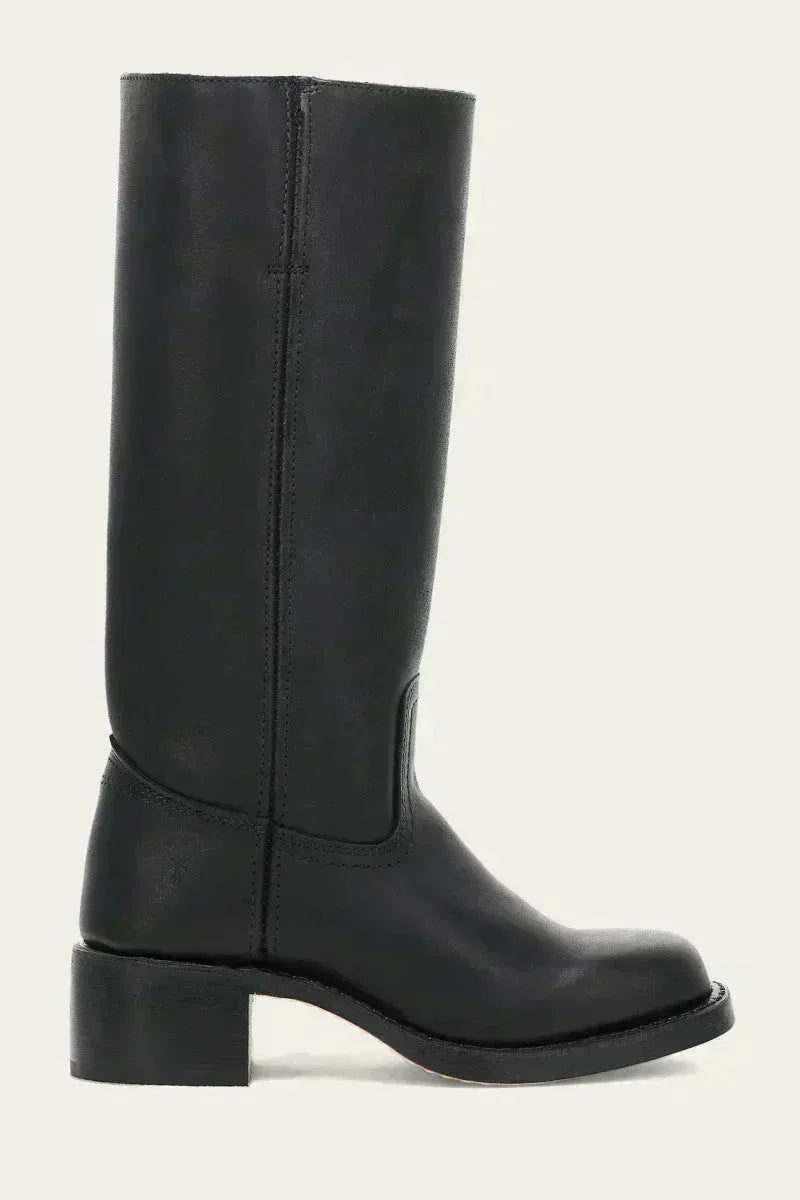 Pair of black leather knee-high boots shown from the side highlighting the smooth leather finish