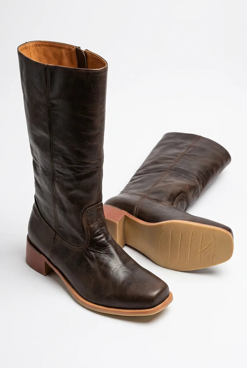 Close-up of the tan leather interior and side zip on a knee-high boot