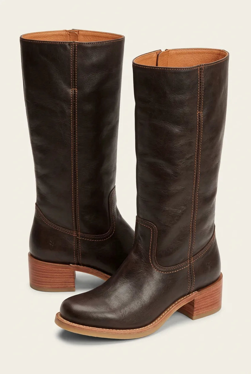 Side view of a dark brown leather boot showing the tall shaft and contrast topstitching