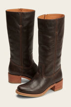 Side view of a dark brown leather boot showing the tall shaft and contrast topstitching
