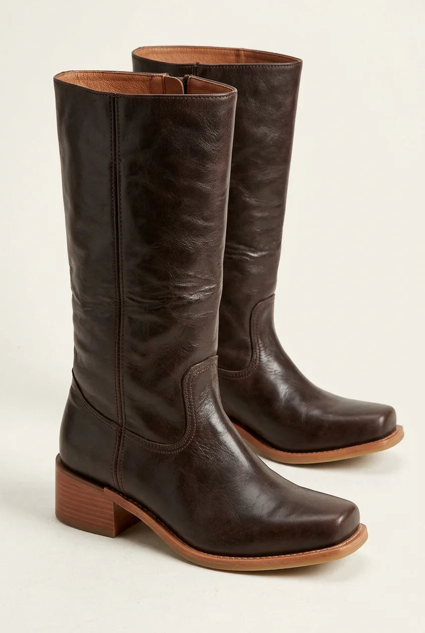 Front view of a tan brown leather boot showing the square-rounded toe shape
