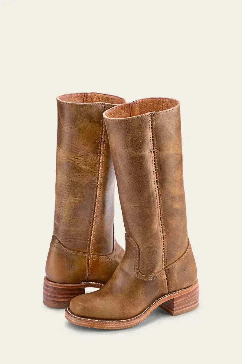 Pair of dark brown leather knee-high boots shown from behind with visible centre back seam