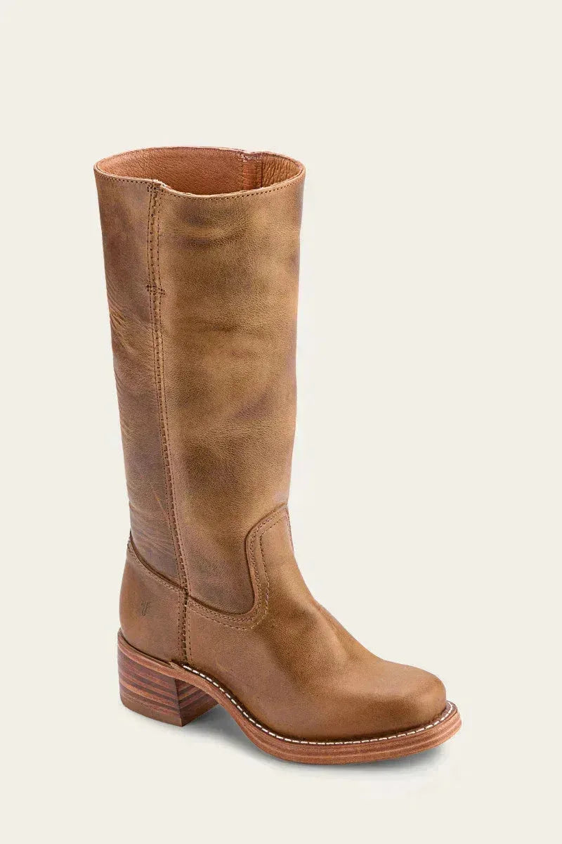 Single black leather knee-high boot shown in profile against a plain background