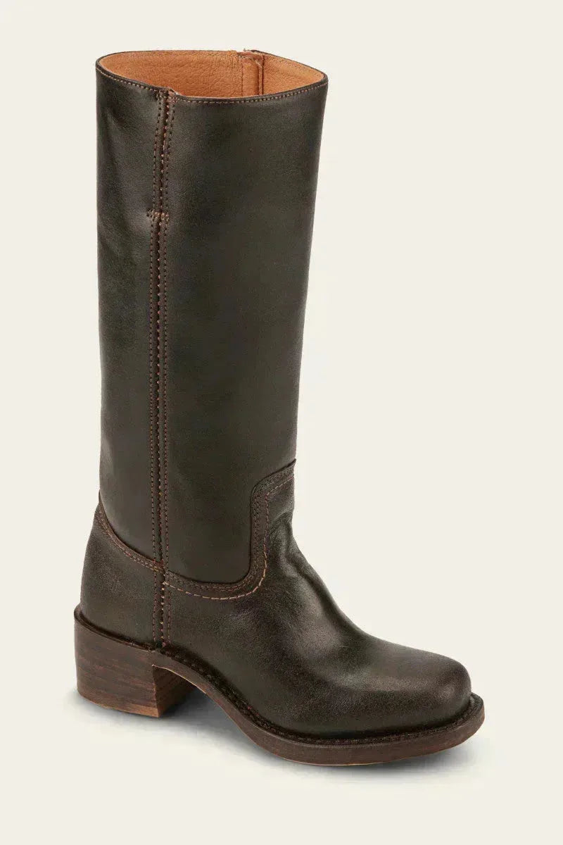 Front angled view of a dark brown leather knee-high boot showing the block heel base