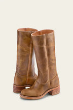 Pair of tan brown leather knee-high boots with contrast stitching and stacked block heel, front view