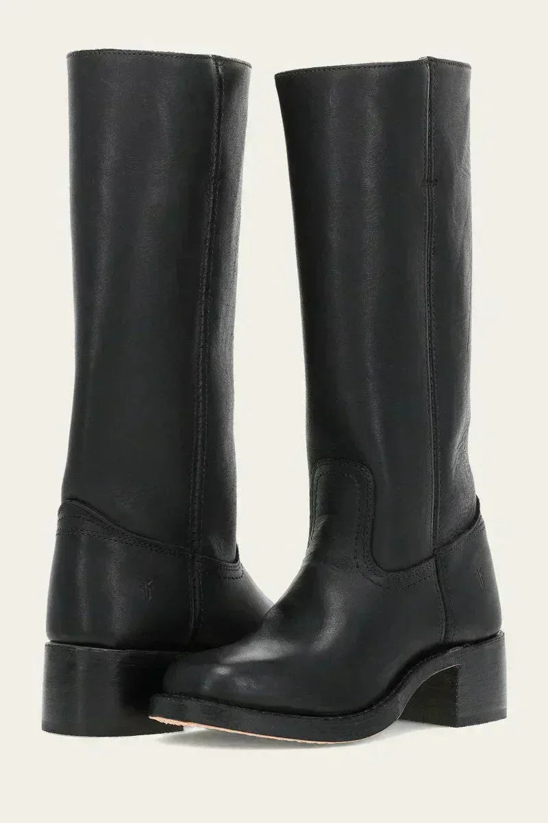 Pair of black leather knee-high boots with tall straight shaft, shown together facing forward