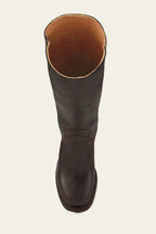 Close-up front view of a tan brown leather boot showing the rounded toe and stitched welt
