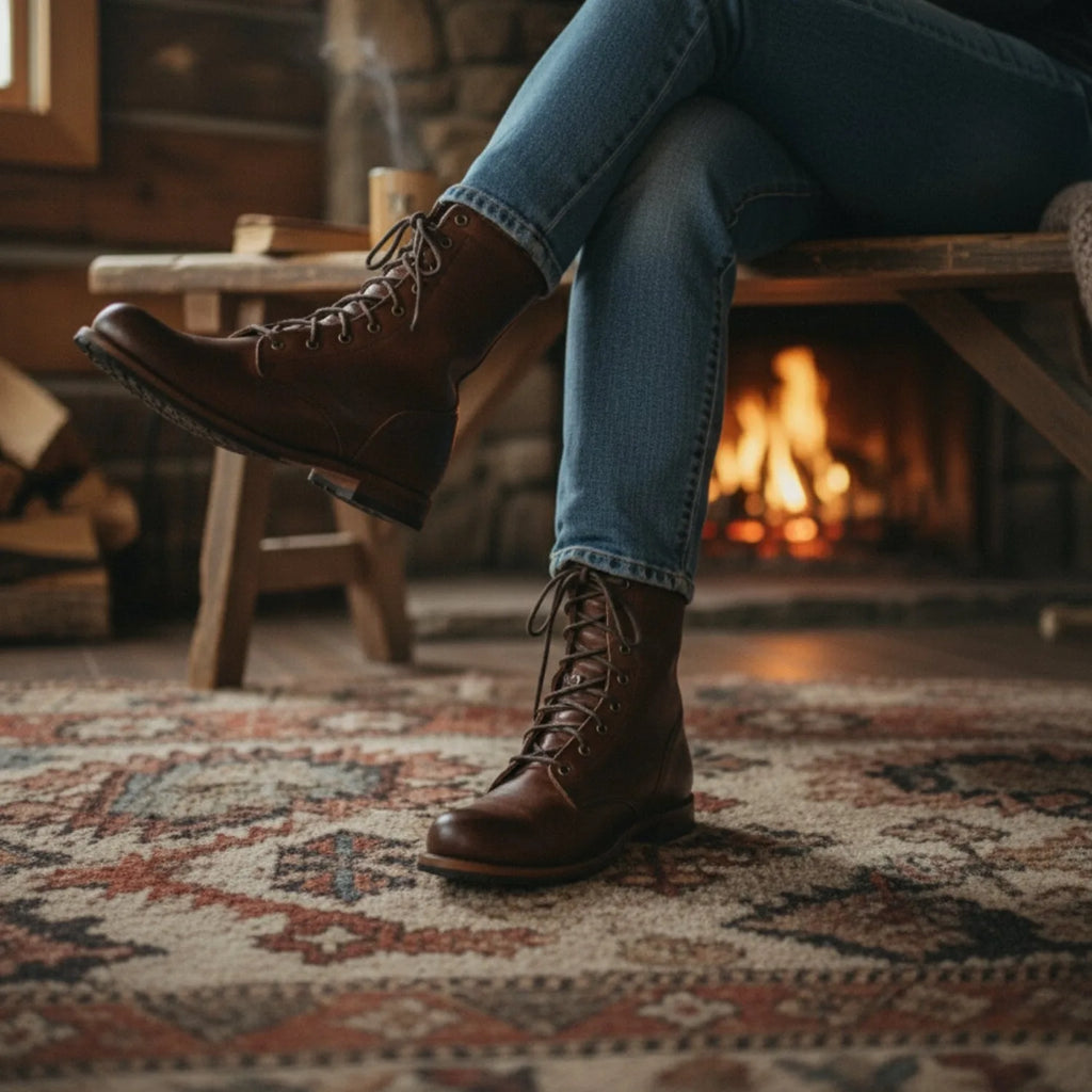 Person wearing dark brown lace-up boots with jeans, seated beside a fireplace on a patterned rug
