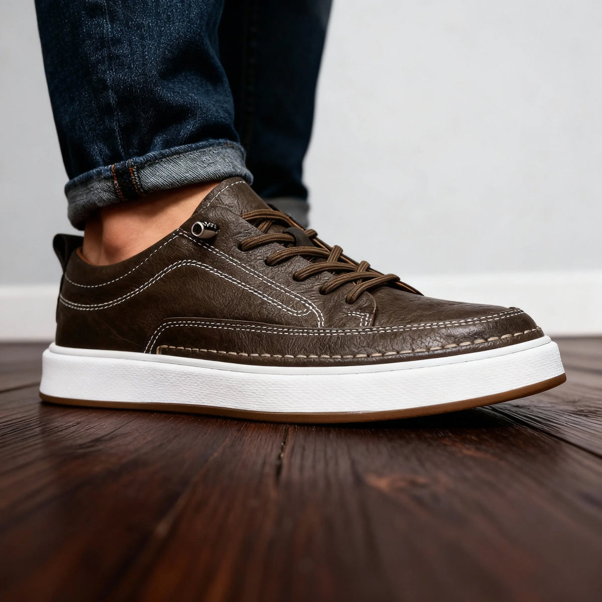Close-up of khaki brown leather trainer worn on foot with rolled jeans, highlighting stitched vamp and cushioned sole