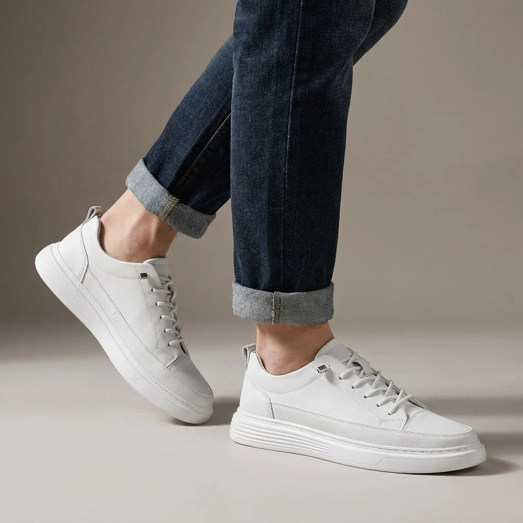 Pair of black leather trainers on foot, showing the textured ridged outsole and back pull tab