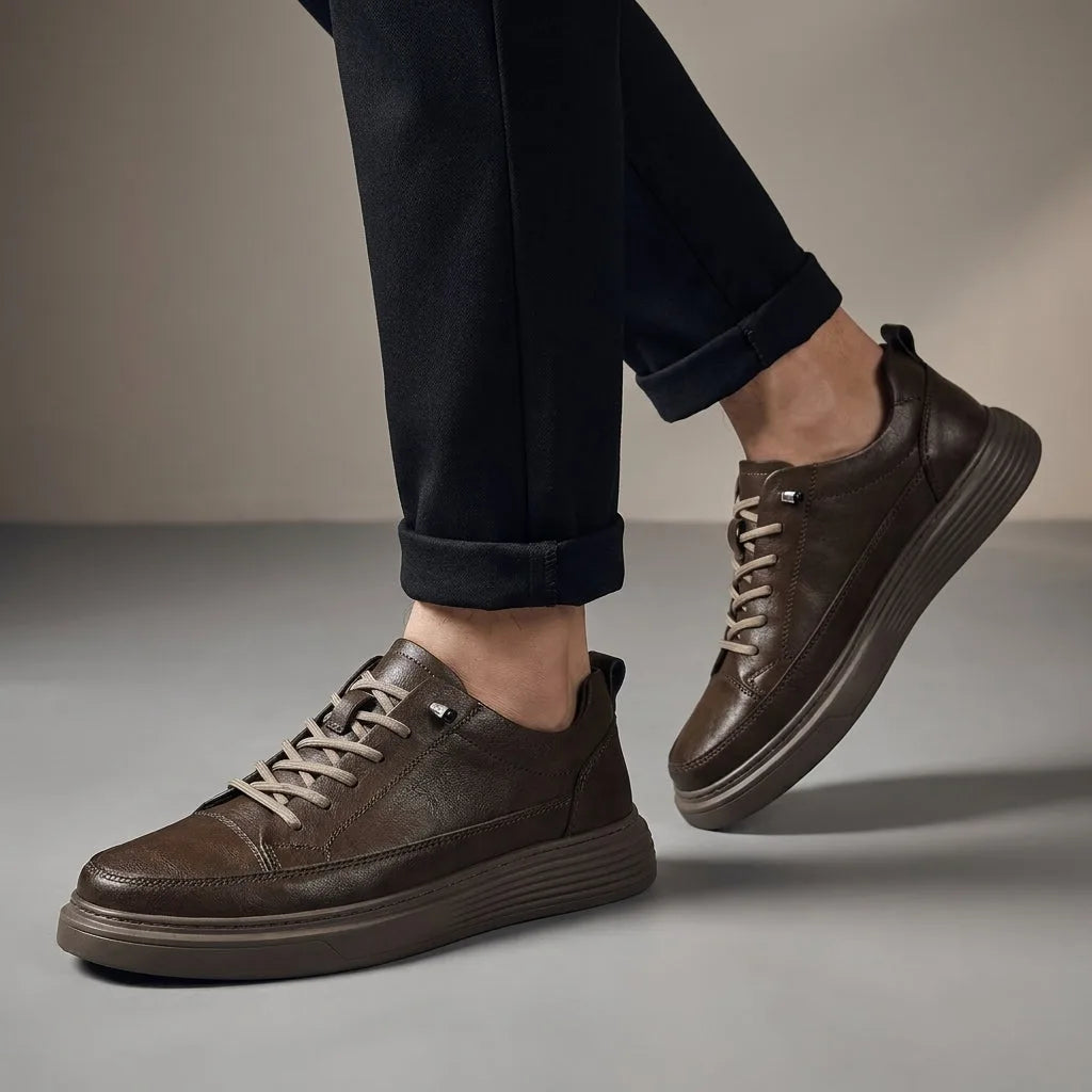 Front angle of a white leather lace-up trainer paired with cuffed dark denim jeans