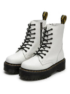 Pair of white leather lace-up ankle boots shown together, front three-quarter view with yellow stitching detail