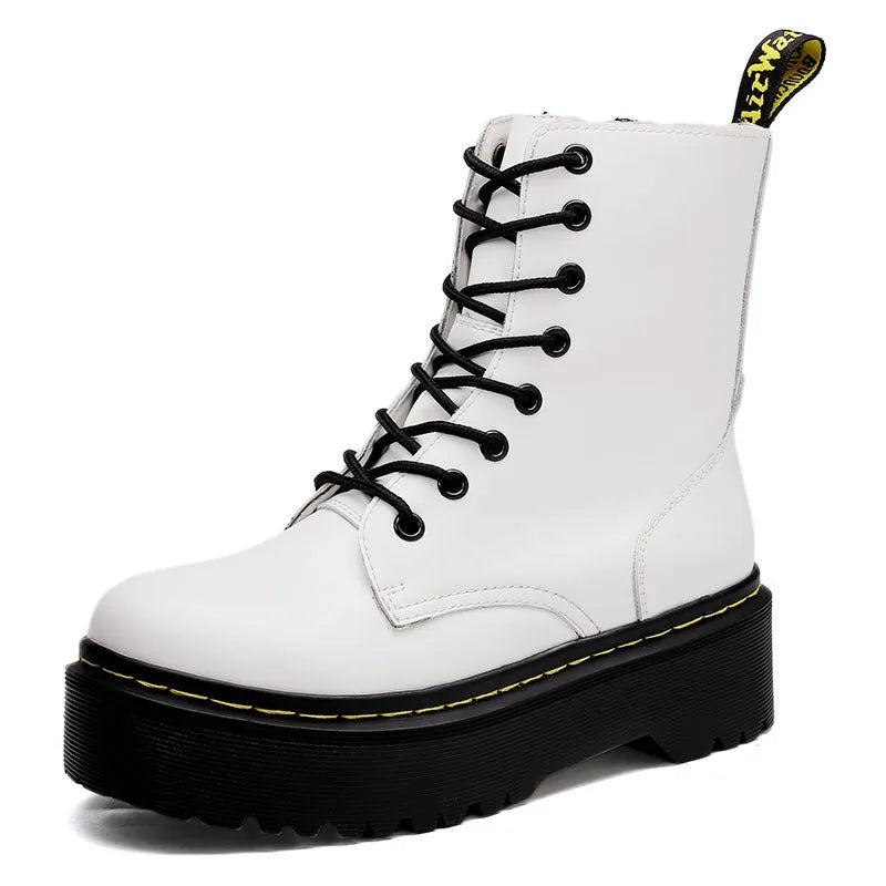 Single white leather lace-up boot photographed at an angle, showing side zip and branded heel pull tab