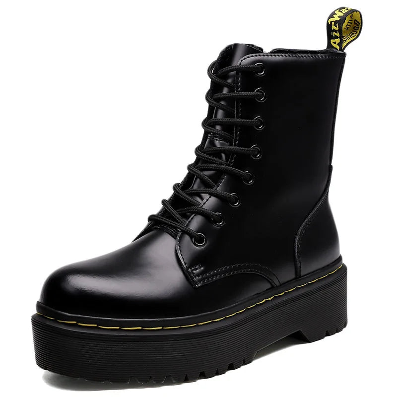 Single black leather lace-up boot photographed at an angle, showing glossy finish and stacked platform sole
