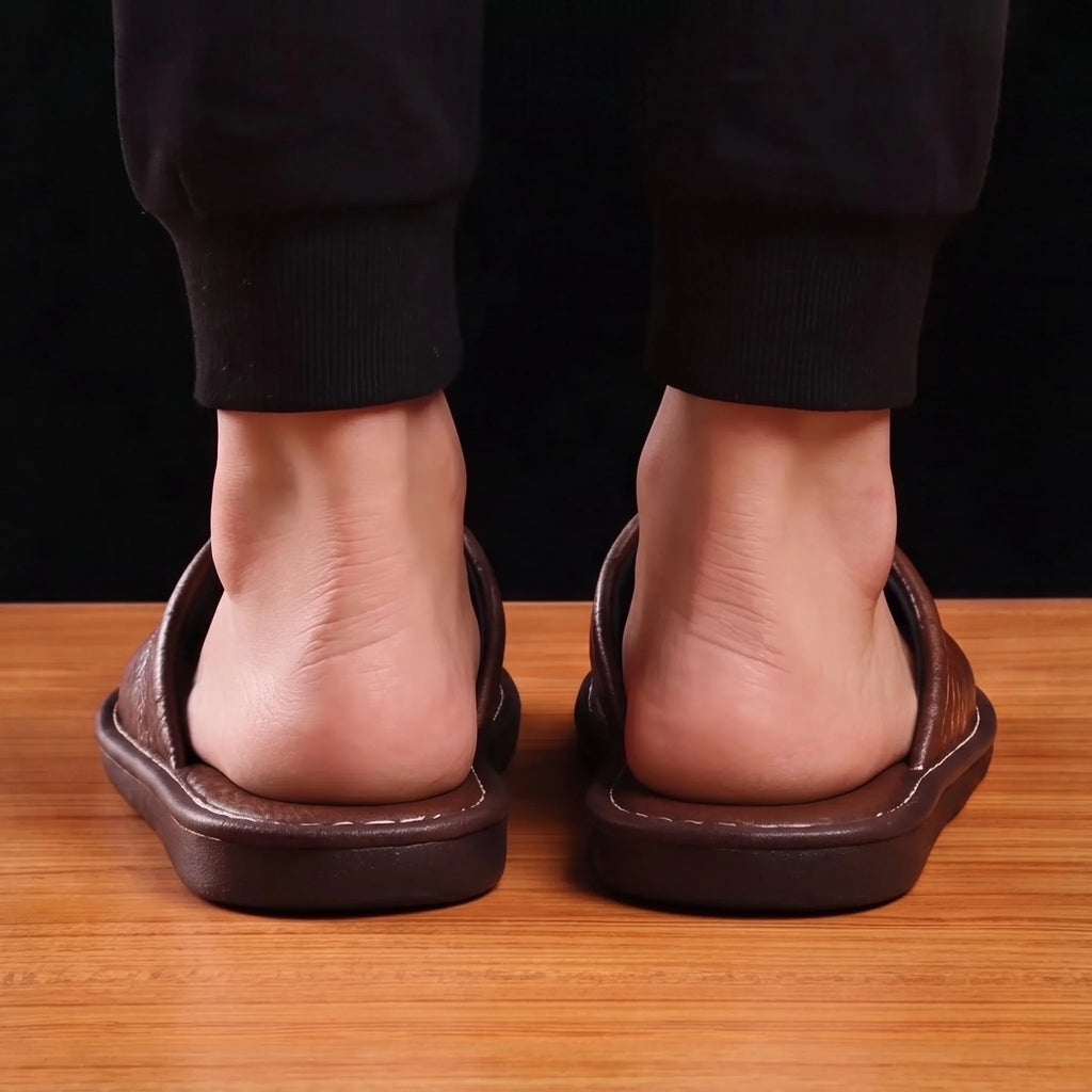 Rear view of bare feet worn in brown leather slip-on slippers, showing low-cut heel opening