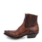 Side profile of a brown leather western ankle boot with burnished finish, pointed toe and hand-stitched flame detailing