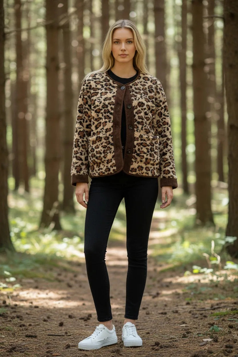 Woman standing in a forest wearing a leopard print fleece jacket with brown corduroy trim over black trousers and a black top.
