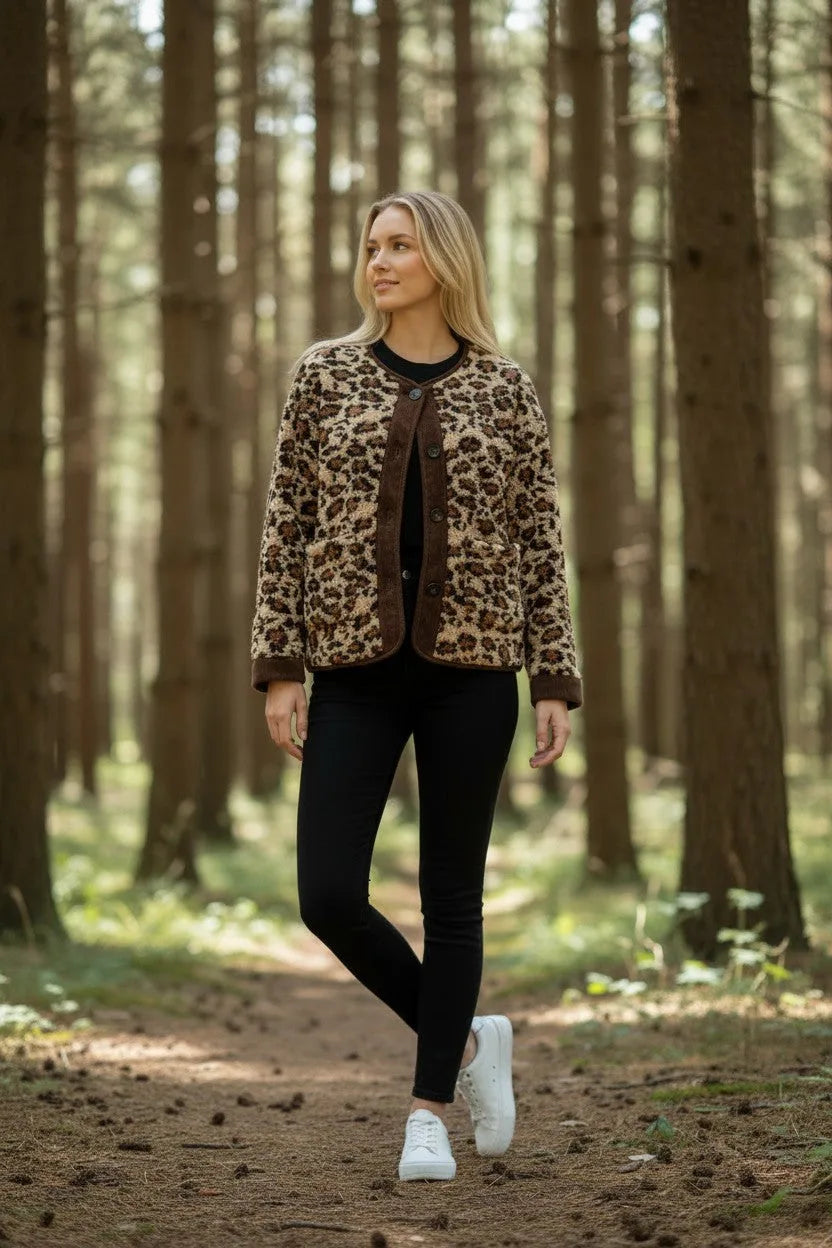 Woman walking along a woodland path wearing an open leopard print fleece jacket with white trainers and black jeans.