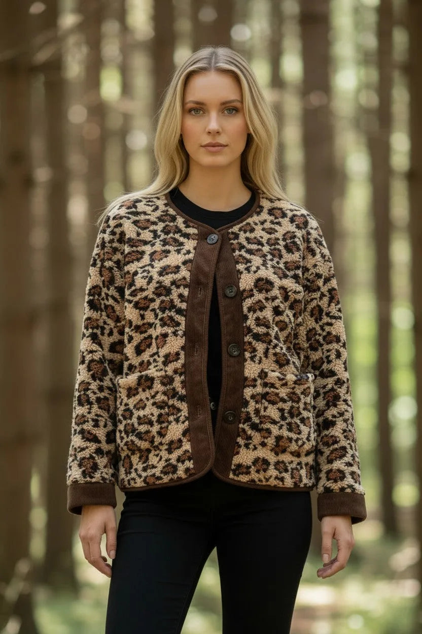 Close-up front view of the leopard print teddy fleece jacket showing button fastening, round neckline and front patch pocket.