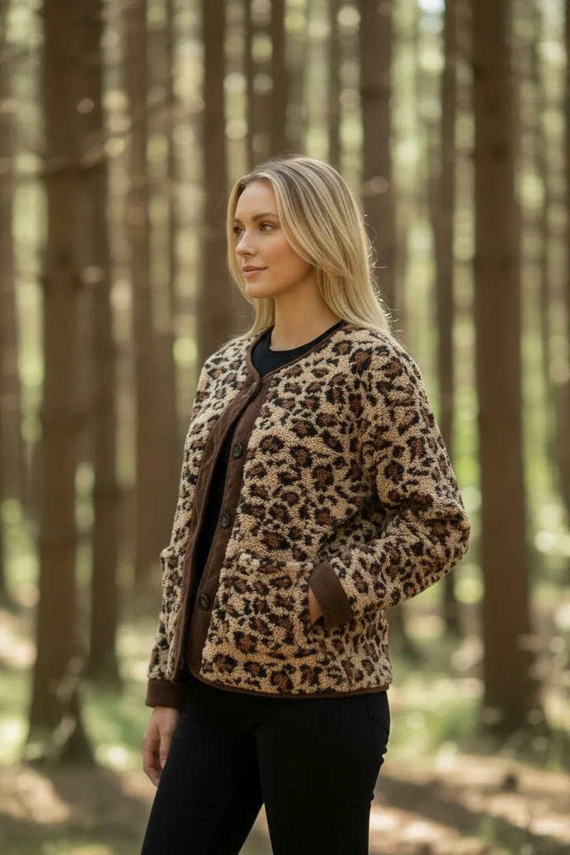 Side profile of the leopard print fleece jacket highlighting the brown corduroy cuff and textured fabric detail.