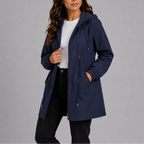 Navy hooded rain coat shown unzipped, highlighting the elasticated cuffs and side hand pocket detail.