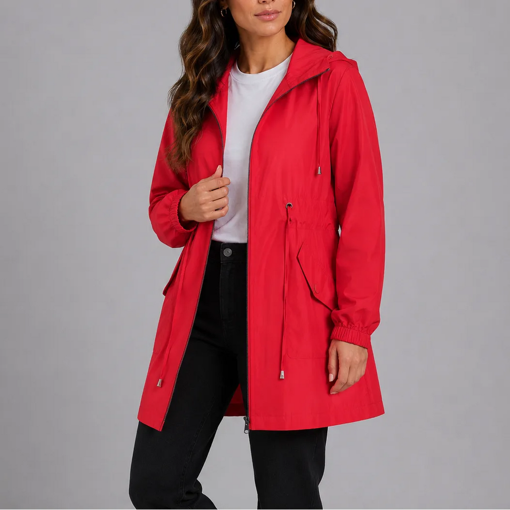 Red hooded rain coat with flap pocket and drawstring waist, worn open over a white t-shirt and dark jeans.