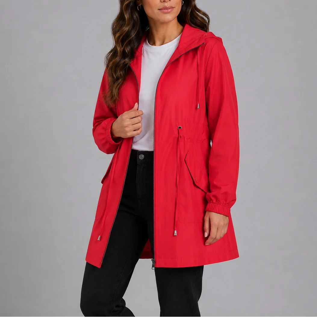 Red hooded rain coat with flap pocket and drawstring waist, worn open over a white t-shirt and dark jeans.