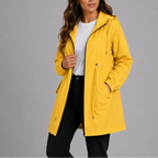 Mustard yellow hooded rain coat shown open, highlighting the lightweight fabric and hood construction.