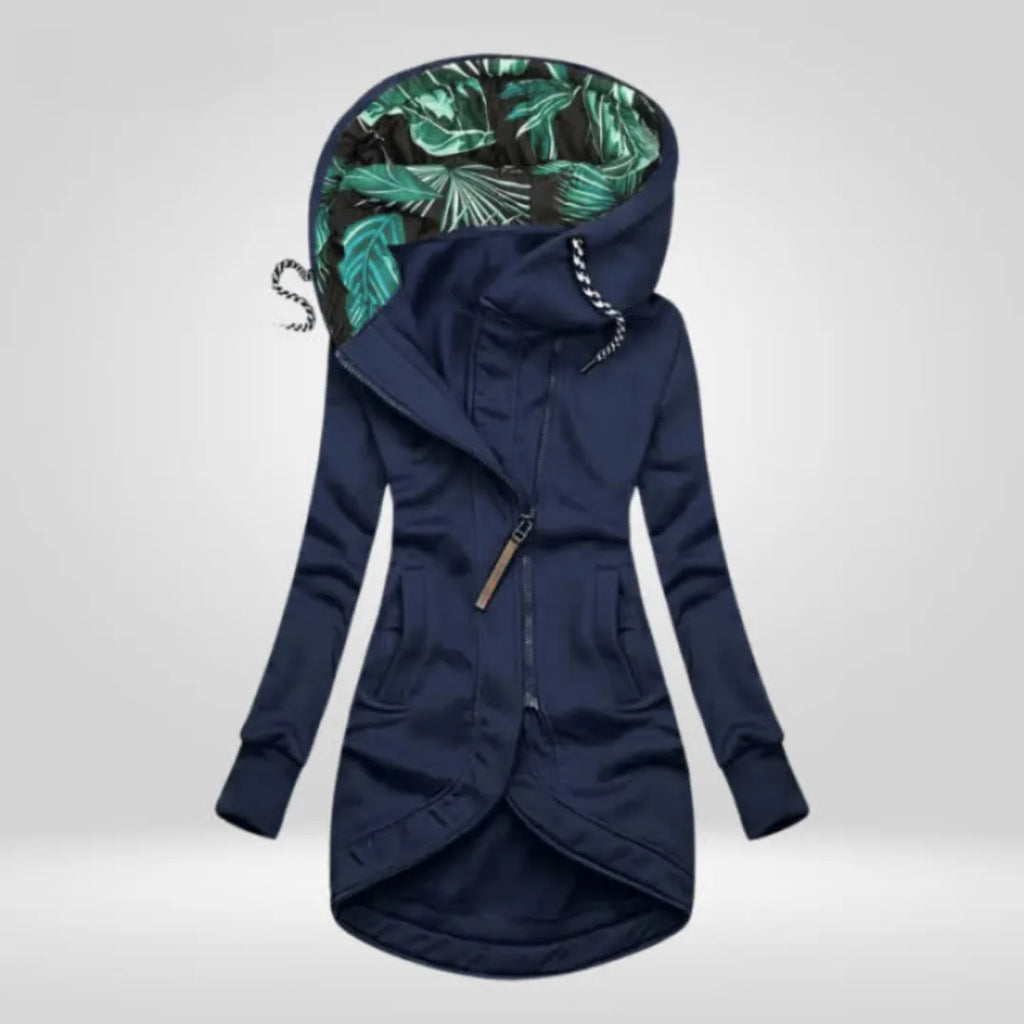 Navy blue longline hooded coat with tropical leaf print lining and contrast drawstrings