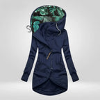 Navy blue longline hooded coat with tropical leaf print lining and contrast drawstrings