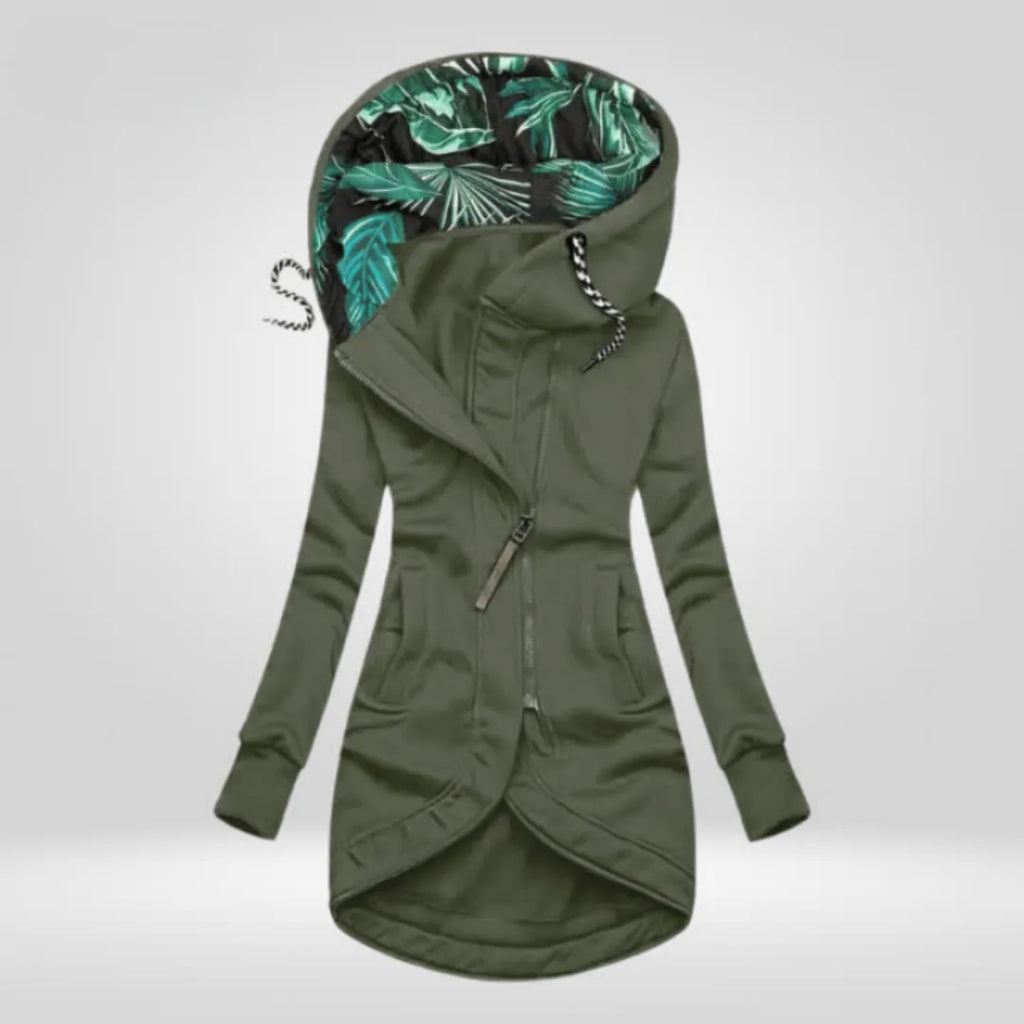 Olive green longline hoodie coat with tropical print hood and front kangaroo pockets
