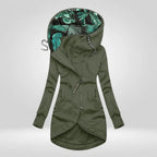 Olive green longline hoodie coat with tropical print hood and front kangaroo pockets