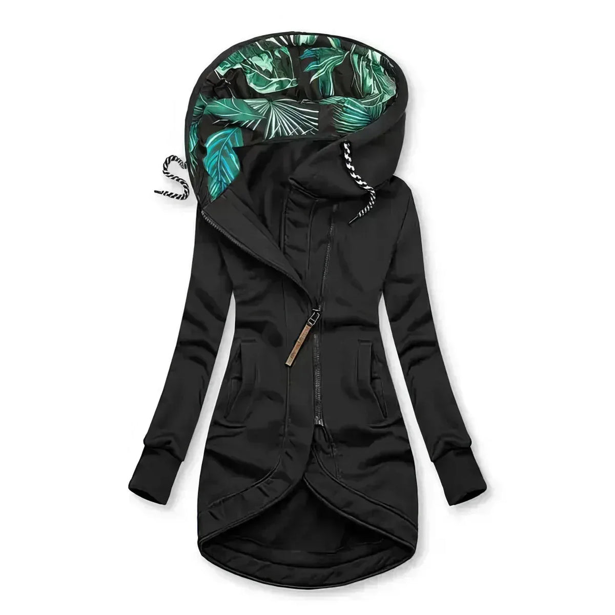 Black hooded jacket shown zipped with striped drawstrings and curved tulip hem detail