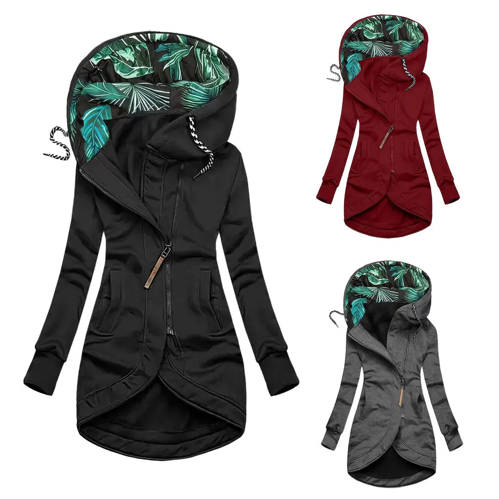 Colourway collage showing black, red and grey versions of the leaf-lined hooded jacket