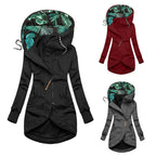 Colourway collage showing black, red and grey versions of the leaf-lined hooded jacket