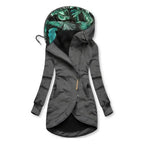 Charcoal grey hooded jacket with tropical leaf-print lining and curved hem