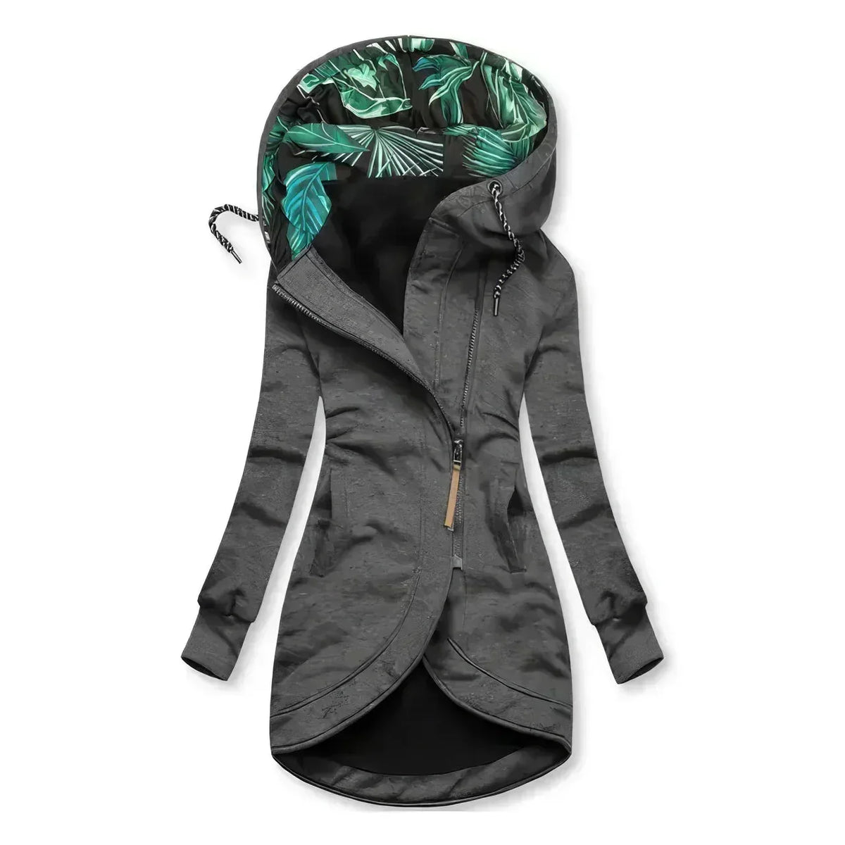 Charcoal grey hooded jacket with tropical leaf-print lining and curved hem
