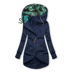 Navy blue hooded jacket with leaf-print hood lining, kangaroo pockets and long sleeves