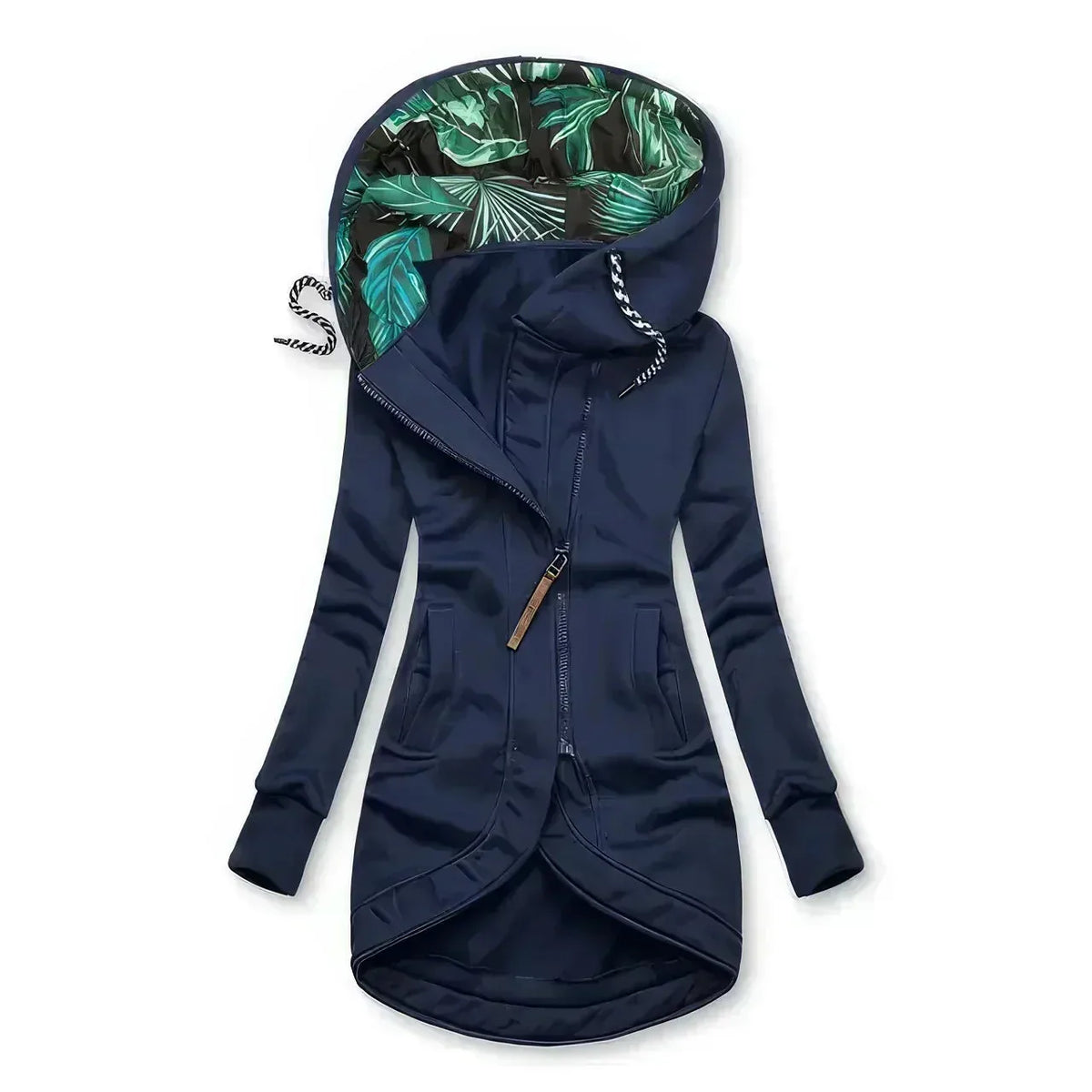 Navy blue hooded jacket with leaf-print hood lining, kangaroo pockets and long sleeves
