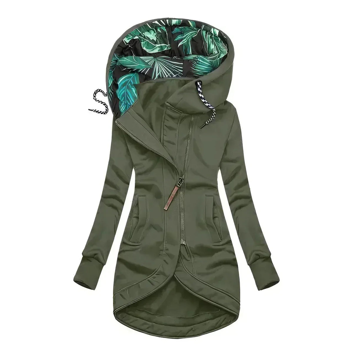 Khaki green hooded jacket with tropical leaf-print lining and asymmetric front zip