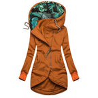 Full front view of black jacket showing oversized hood, ribbed cuffs and tulip-shaped hemline