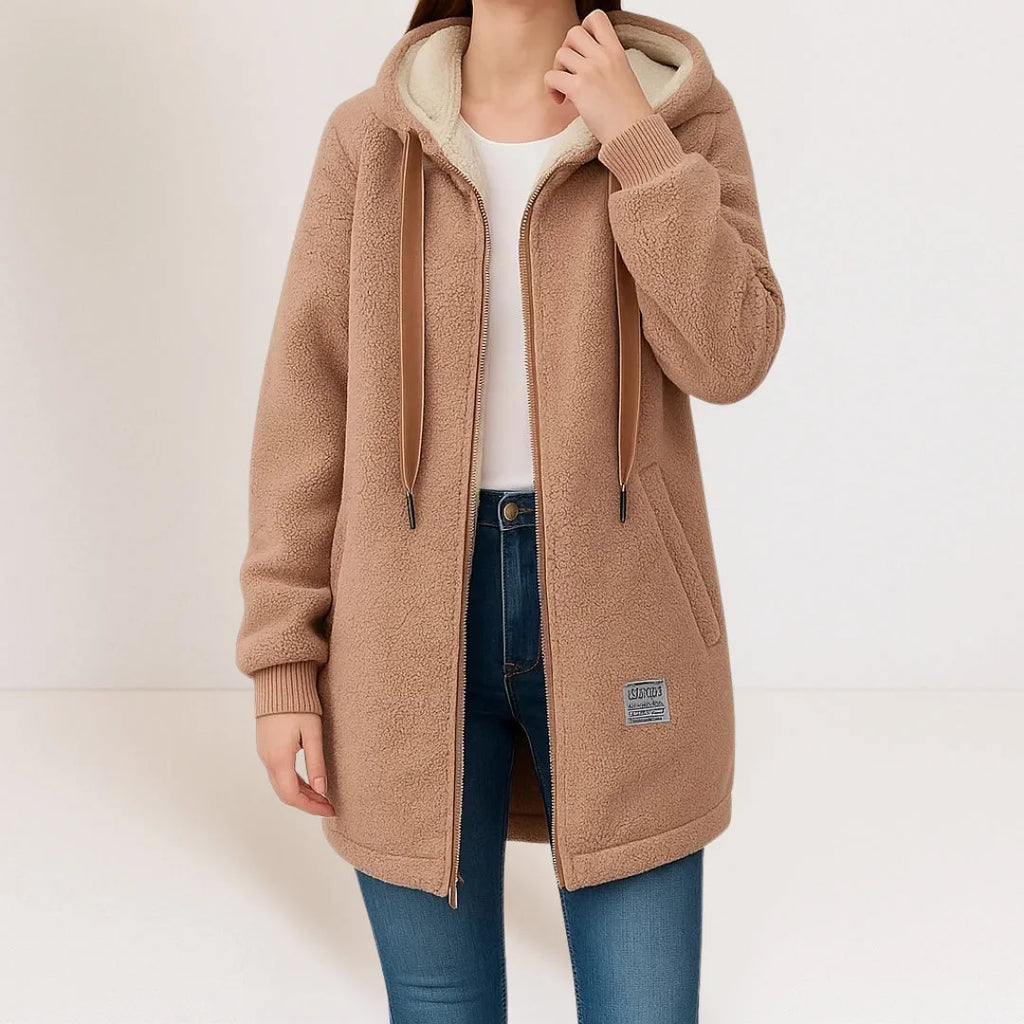 Camel brown sherpa fleece hooded jacket with tan drawstring cords, ribbed cuffs, and front patch pocket