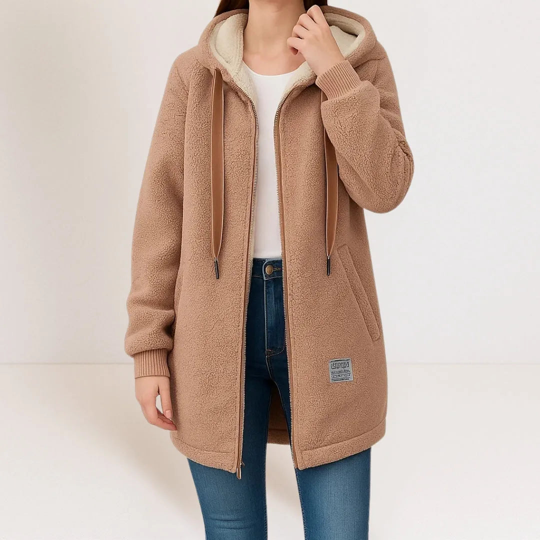 Camel brown sherpa fleece hooded jacket with tan drawstring cords, ribbed cuffs, and front patch pocket