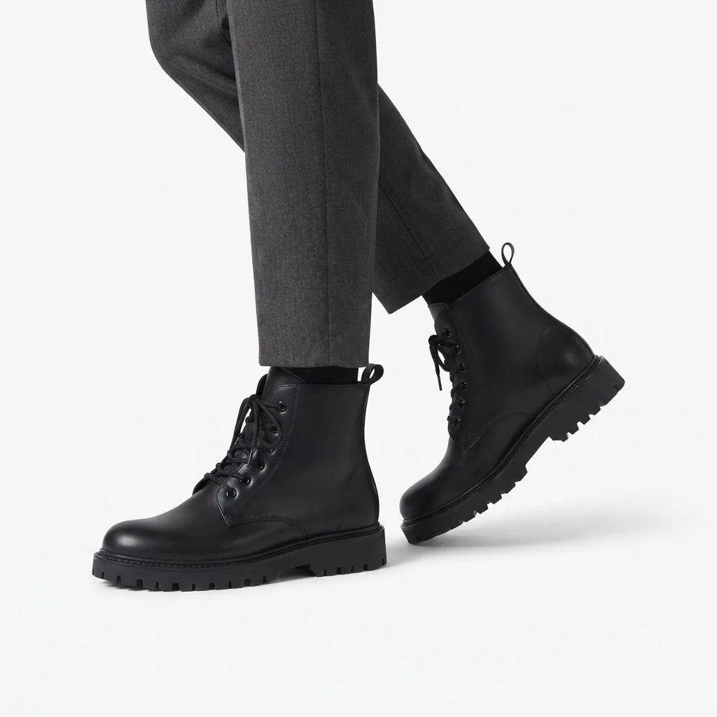 Model walking in black lace-up combat boots paired with grey tailored trousers and black socks
