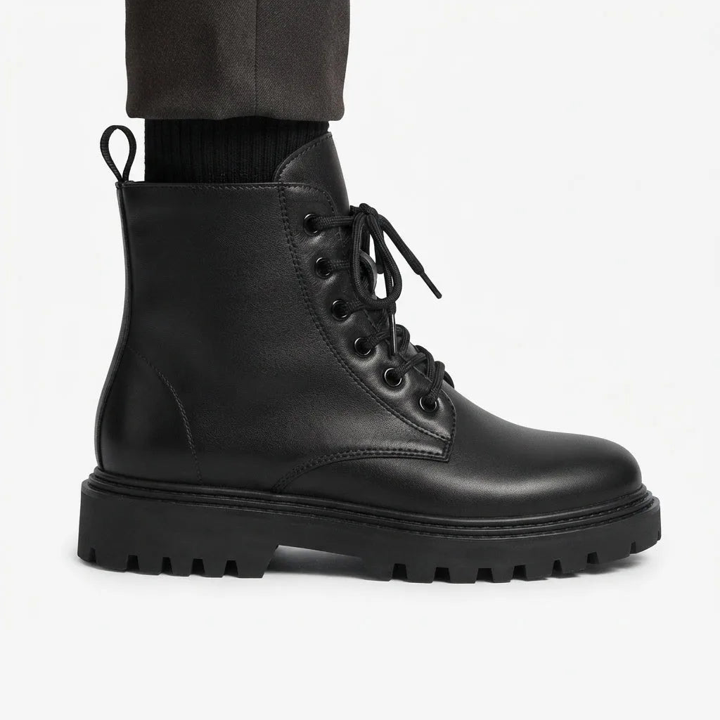 Detail view of a black combat boot on foot, showing laces, pull tab and platform lug sole against grey trousers
